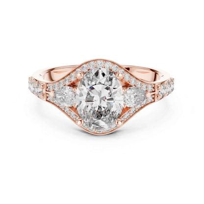 1 Carat Oval Lab Grown Diamond Engagement Ring with Curved Halo and Side Stones