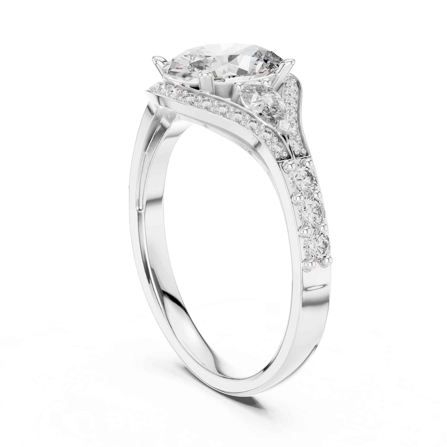 1 Carat Oval Lab Grown Diamond Engagement Ring with Curved Halo and Side Stones