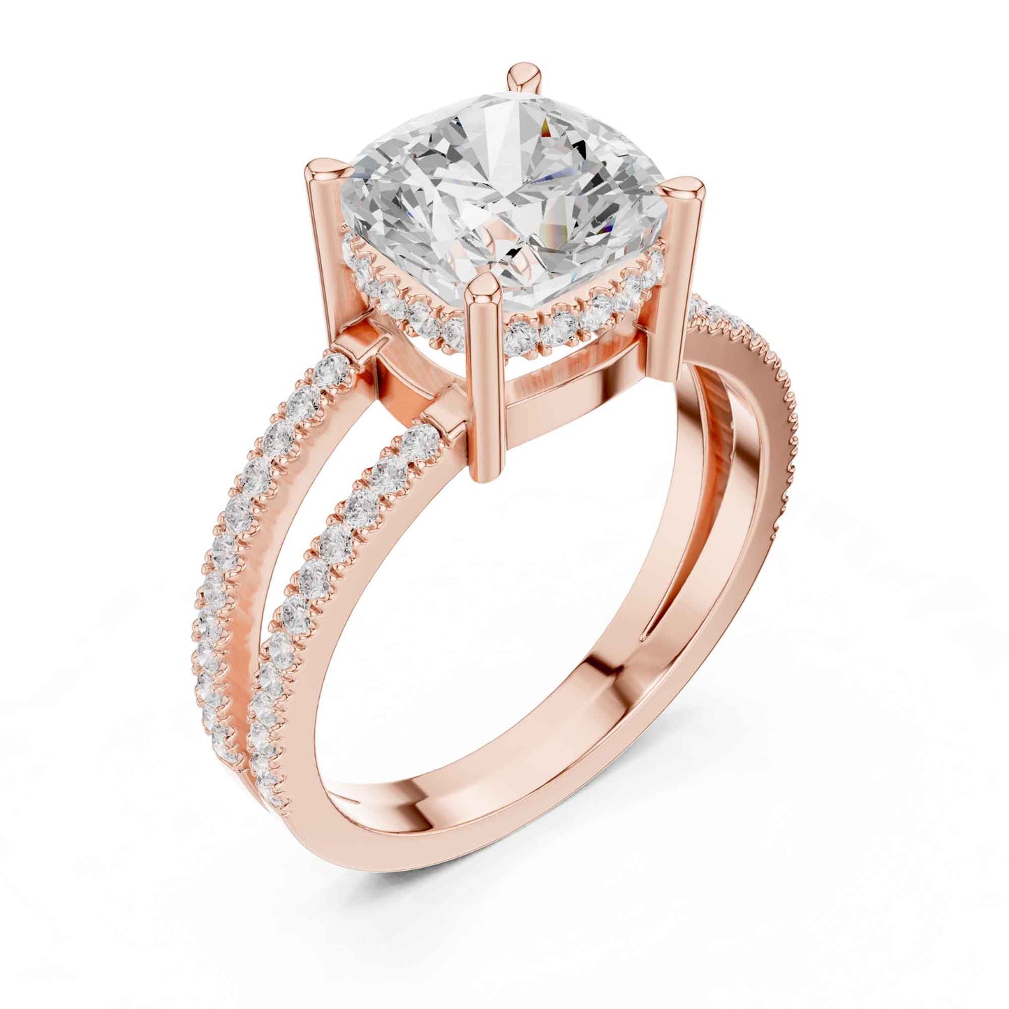 3 Carat Cushion Cut center stone with a split shank pavé band