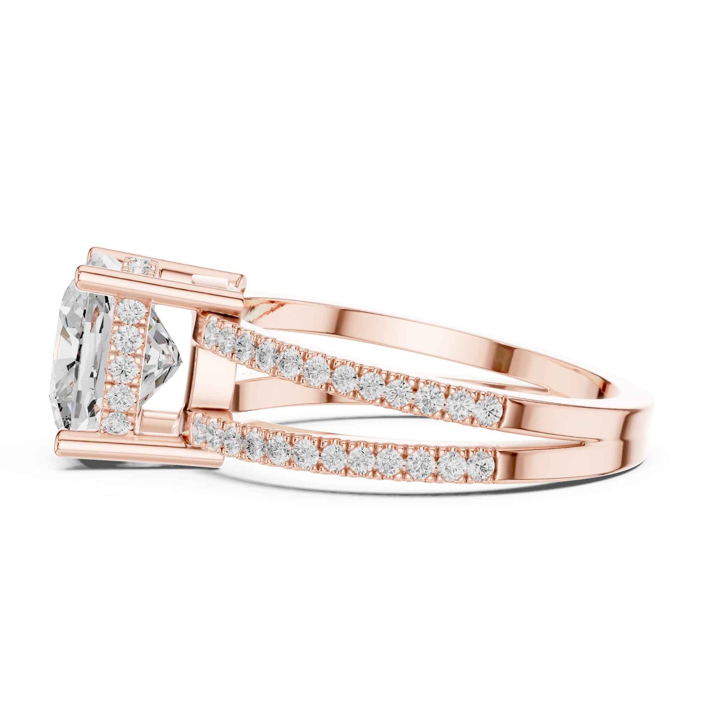 3 Carat Cushion Cut center stone with a split shank pavé band