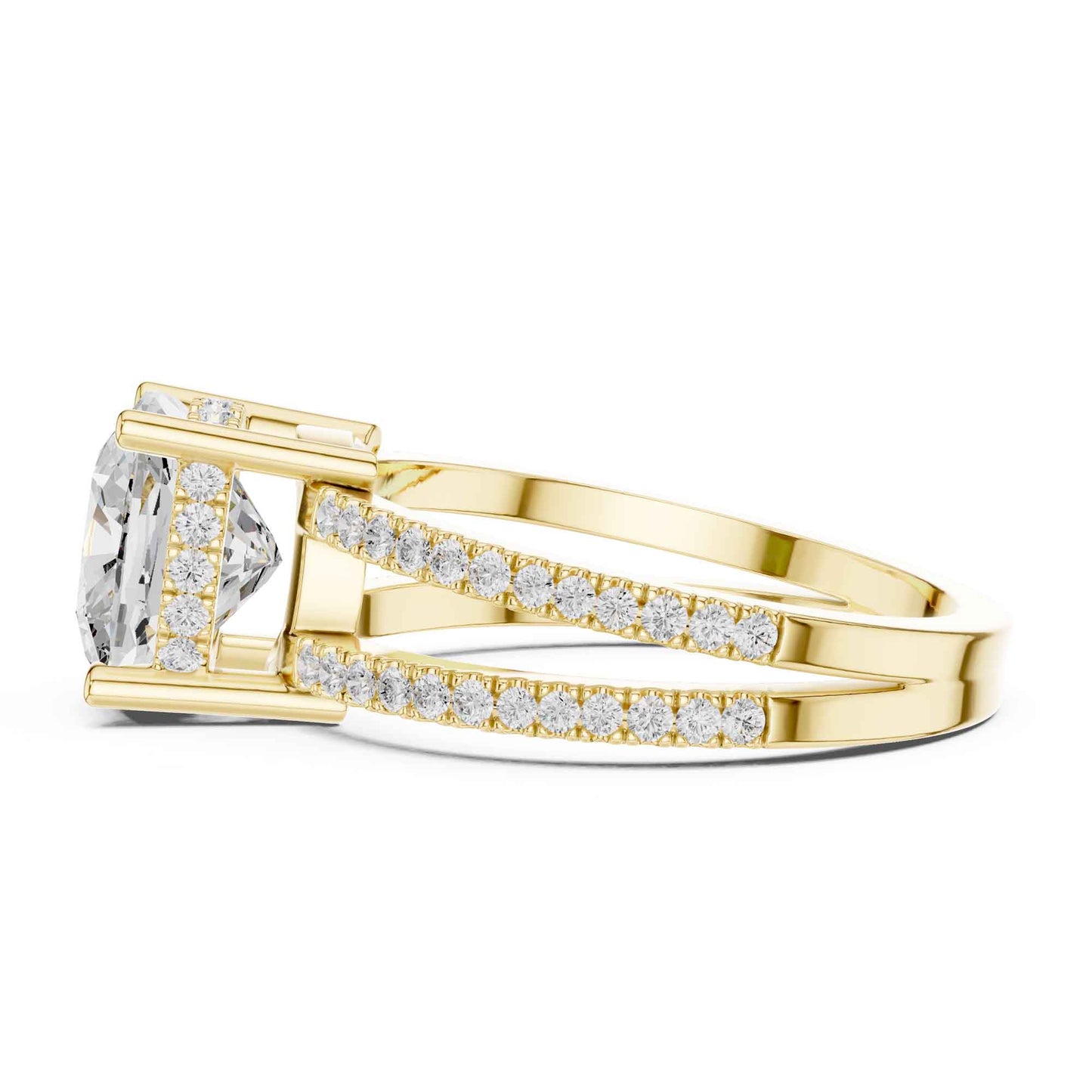 3 Carat Cushion Cut center stone with a split shank pavé band