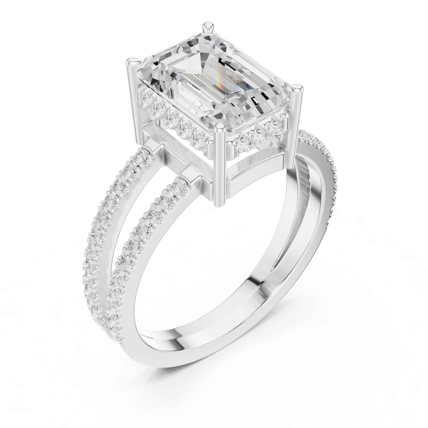 3 Carat Emerald Cut Lab Grown Diamond Split Shank Engagement Ring