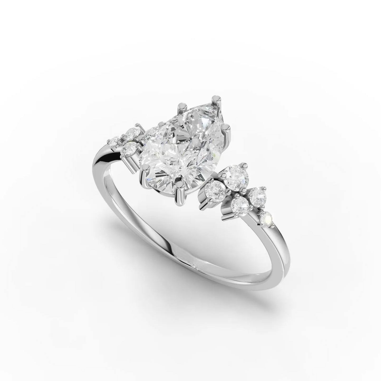 1.5 Carat Center Pear, Round Cut Moissanite Diamond Engagement Ring