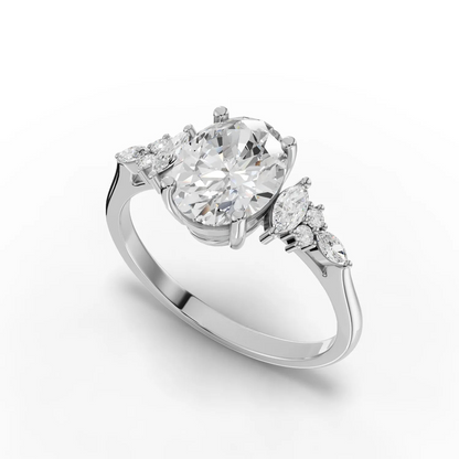 1.5 Carat Center Oval, Marquise Cut Moissanite Diamond Engagement Ring