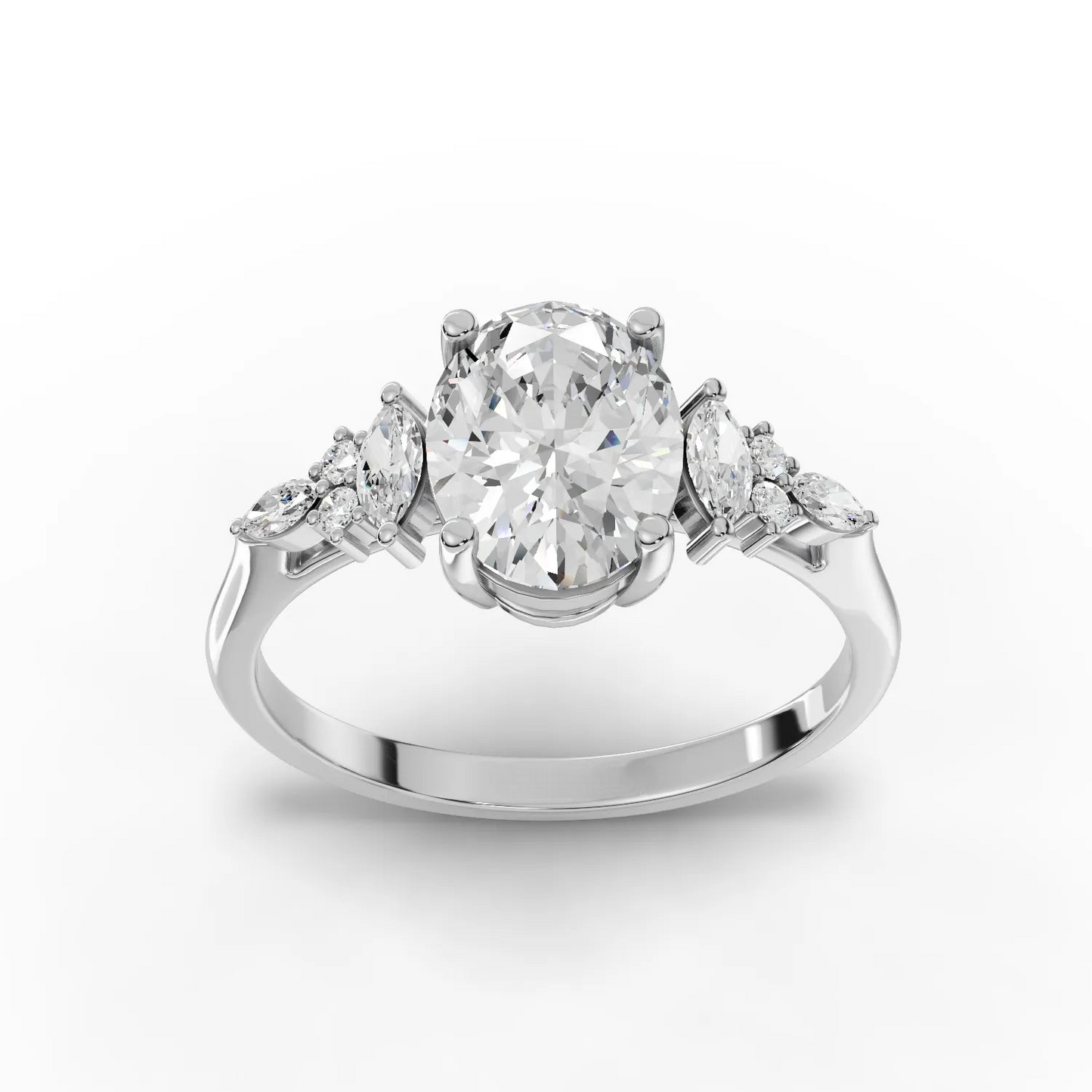 1.5 Carat Center Oval, Marquise Cut Moissanite Diamond Engagement Ring