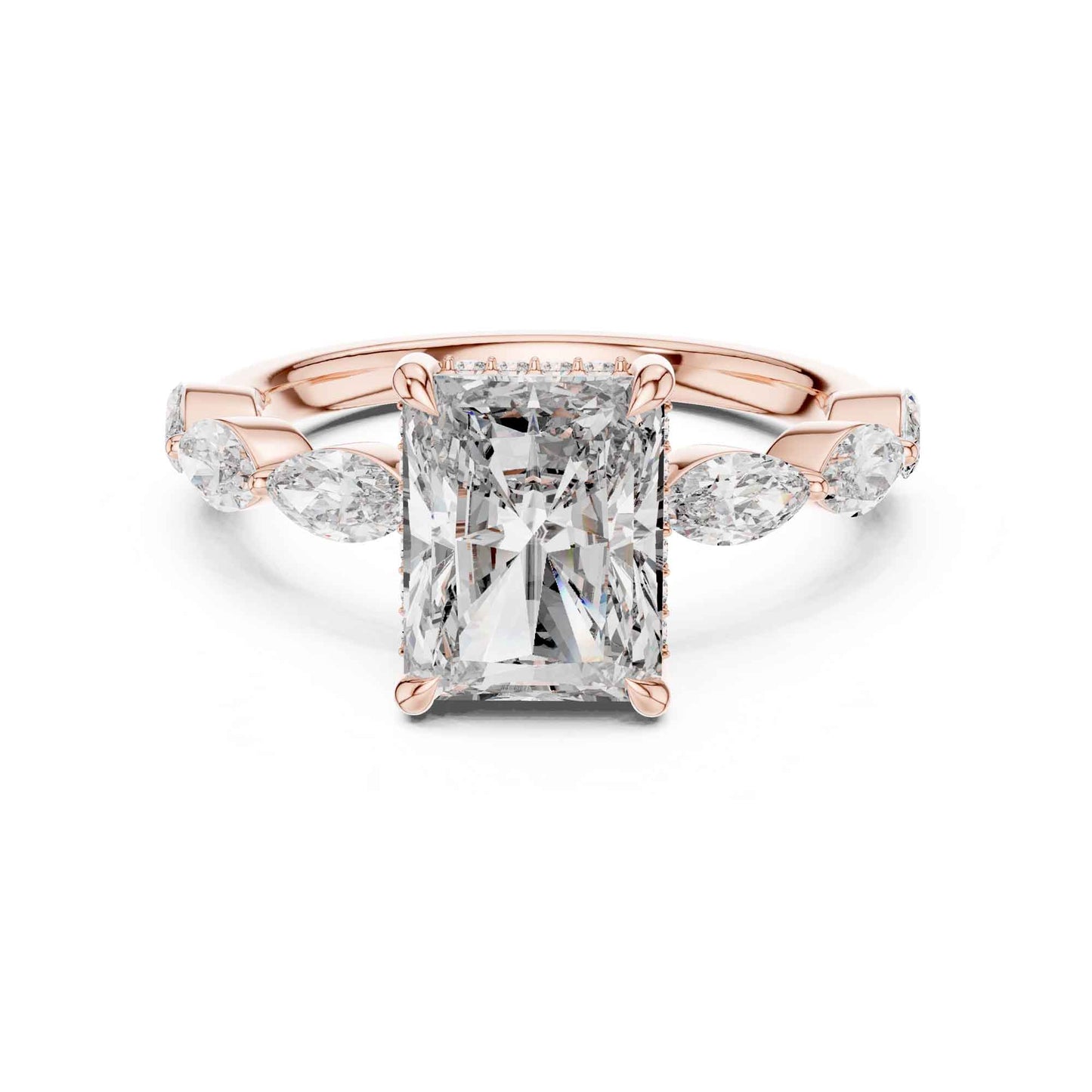 3 Carat Radiant Cut Diamond Ring with Graceful Marquise Side Stones