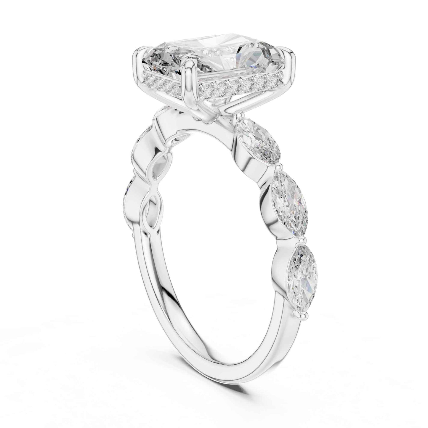 3 Carat Radiant Cut Diamond Ring with Graceful Marquise Side Stones