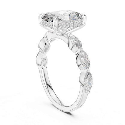 3 Carat Radiant Cut Diamond Ring with Graceful Marquise Side Stones