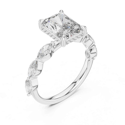 3 Carat Radiant Cut Diamond Ring with Graceful Marquise Side Stones