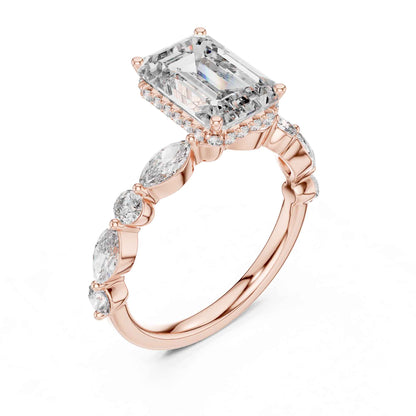 3 Carat Emerald Cut Center Diamond Ring with Marquise Accent Stones