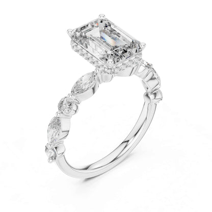 3 Carat Emerald Cut Center Diamond Ring with Marquise Accent Stones