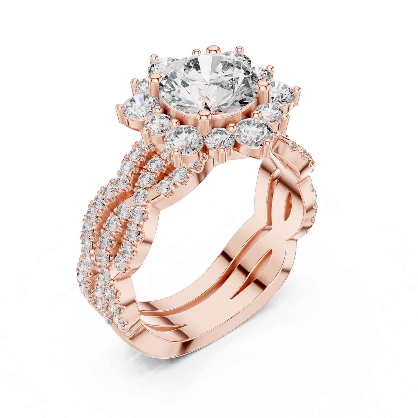 1.5 Carat Round center halo diamond ring with split pavé band