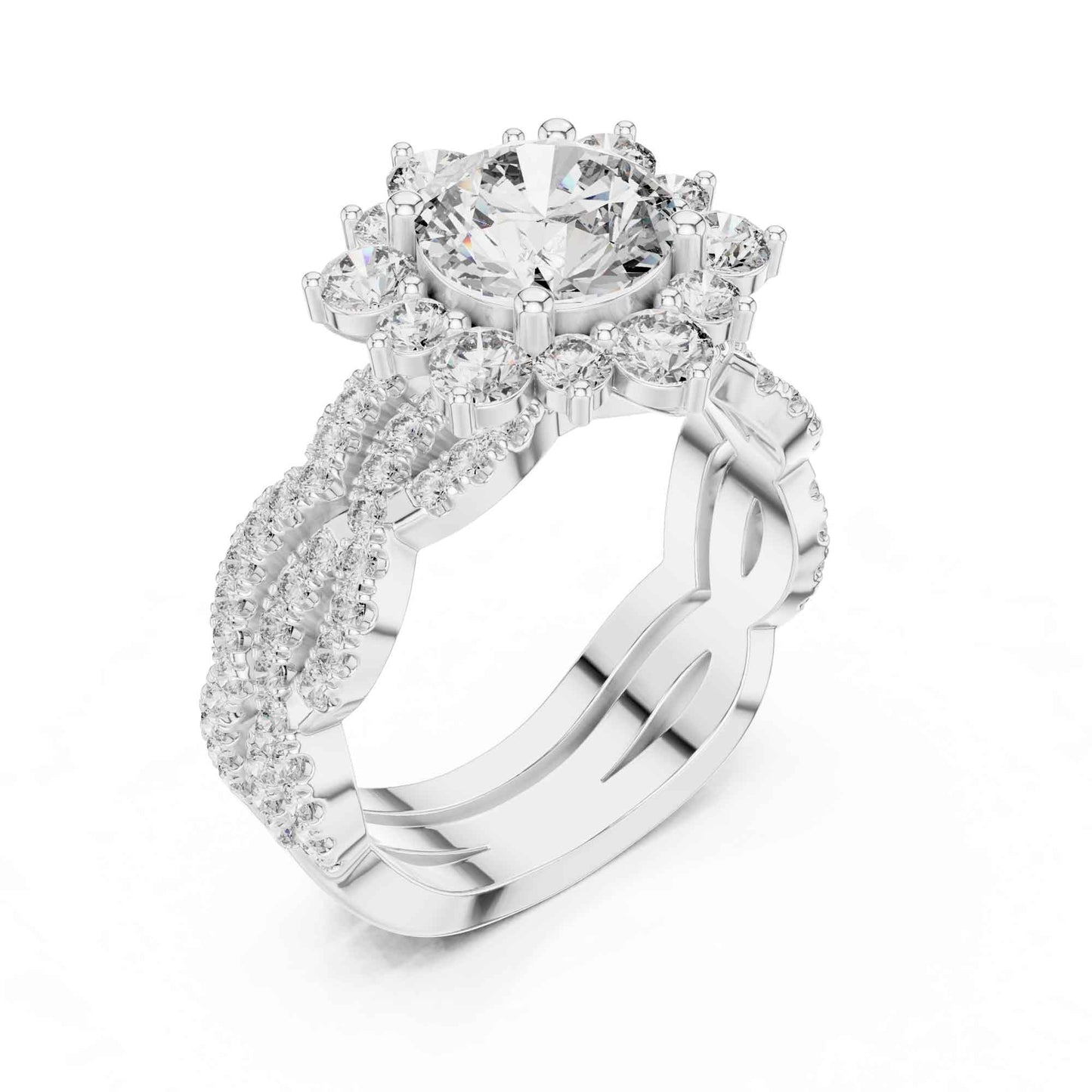 1.5 Carat Round center halo diamond ring with split pavé band