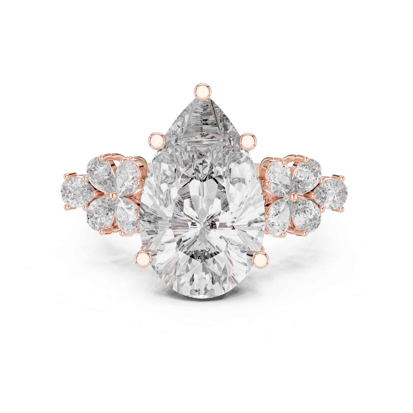 6 Carat Pear Cut Diamond Engagement Ring with Floral Side Accents