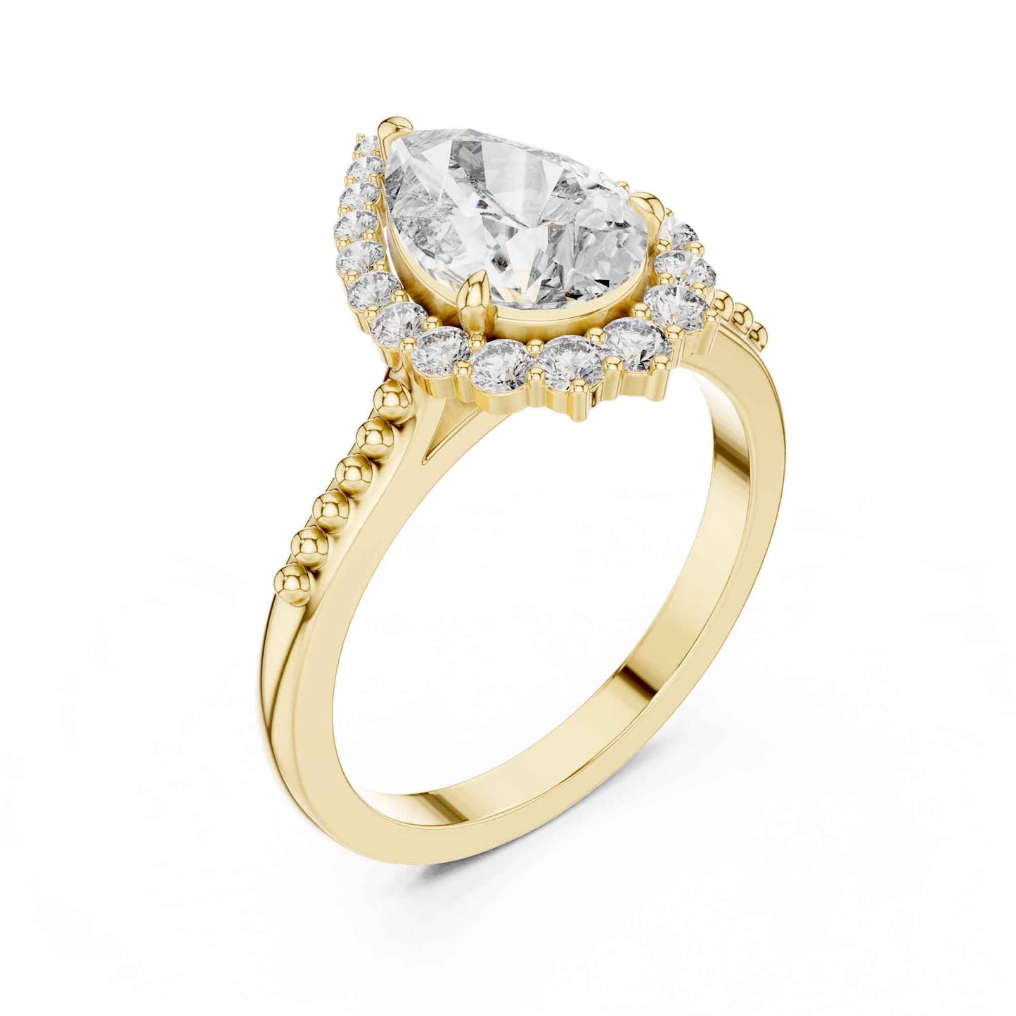 2 Carat Elegant Pear-Cut Diamond Halo Engagement Ring with Beaded Band