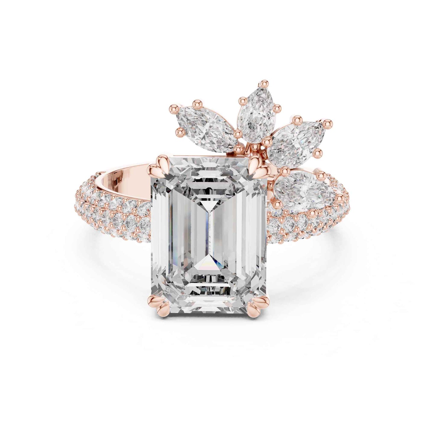 4 Carat Emerald-Cut Diamond Engagement Ring with Floral Accent and Pavé Band
