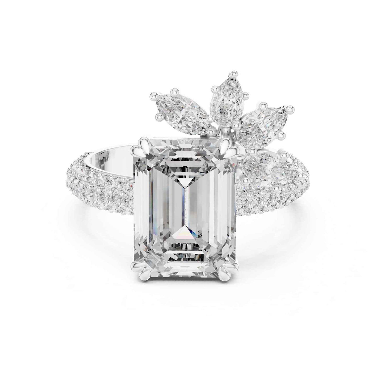 4 Carat Emerald-Cut Diamond Engagement Ring with Floral Accent and Pavé Band
