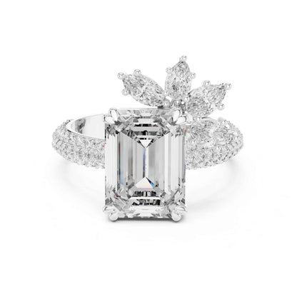 4 Carat Emerald-Cut Diamond Engagement Ring with Floral Accent and Pavé Band
