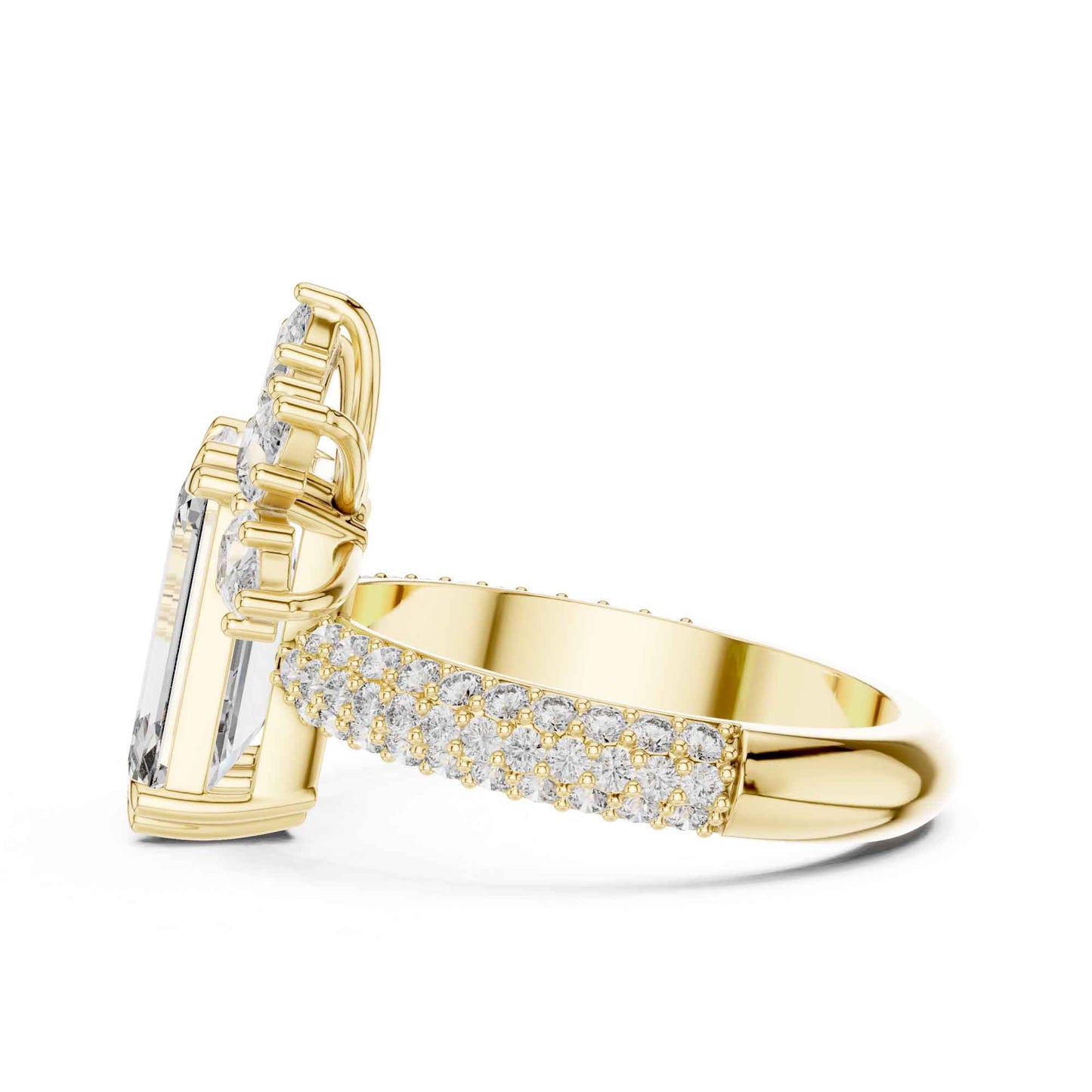 4 Carat Emerald-Cut Diamond Engagement Ring with Floral Accent and Pavé Band