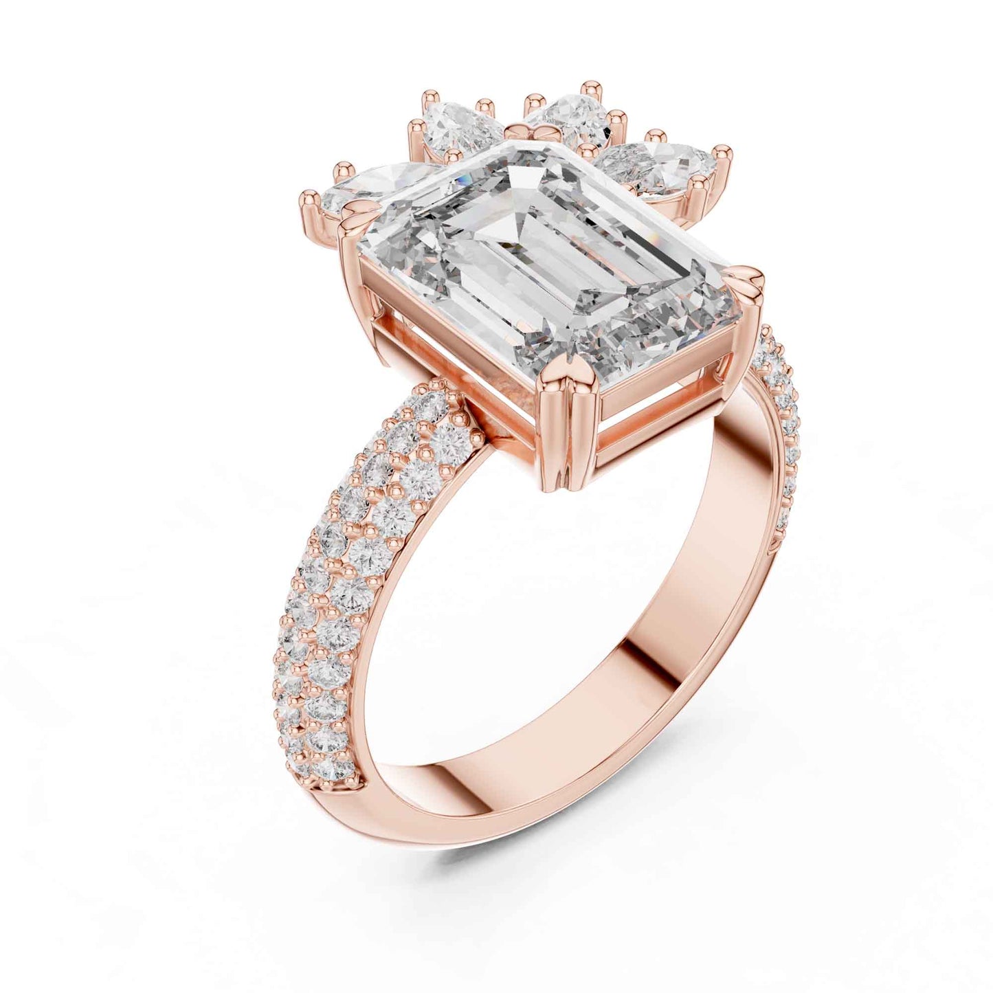 4 Carat Emerald-Cut Diamond Engagement Ring with Floral Accent and Pavé Band