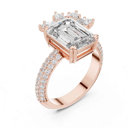4 Carat Emerald-Cut Diamond Engagement Ring with Floral Accent and Pavé Band