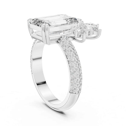 4 Carat Emerald-Cut Diamond Engagement Ring with Floral Accent and Pavé Band
