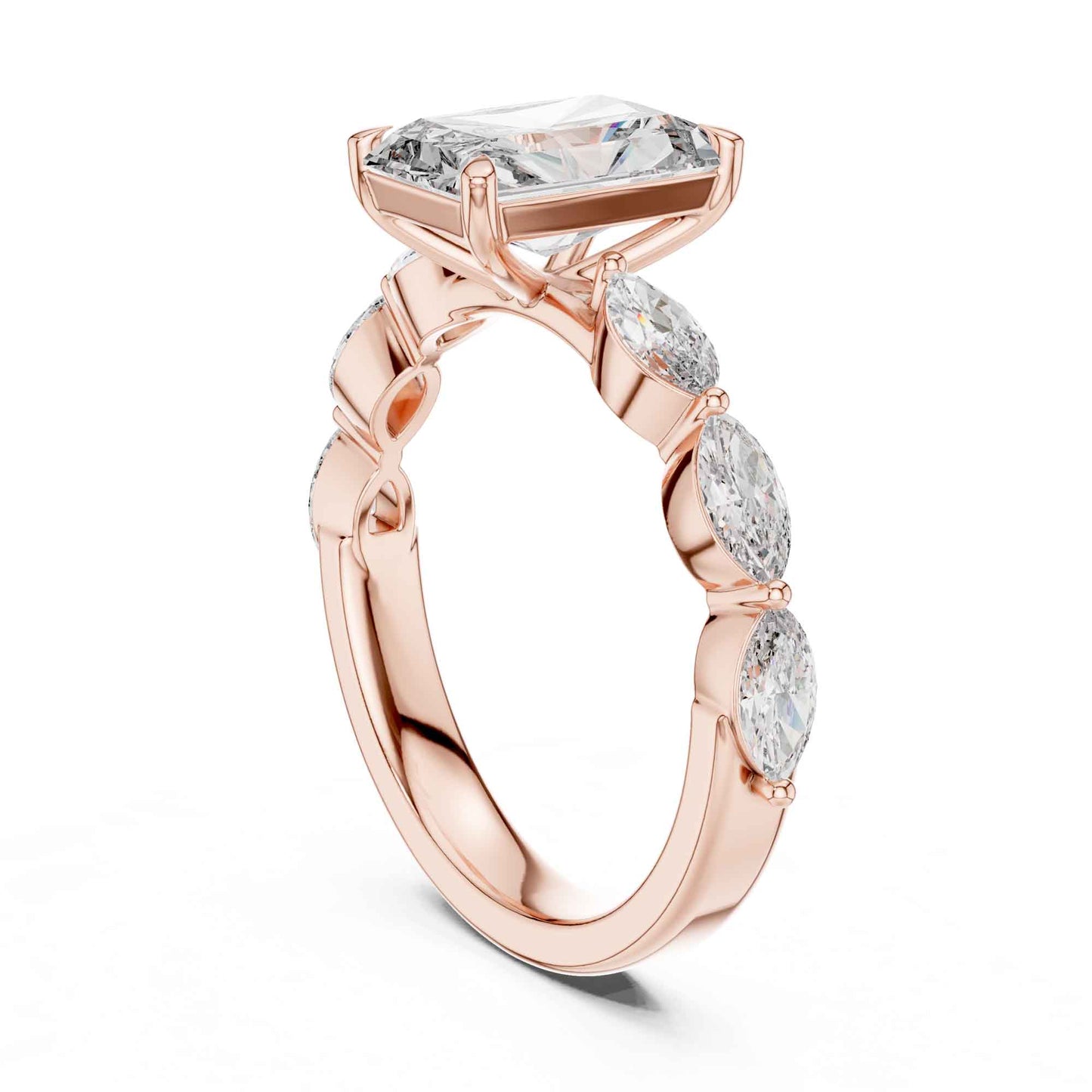2 Carat Radiant Cut Lab Grown Diamond Engagement Ring with Marquise Side Stones