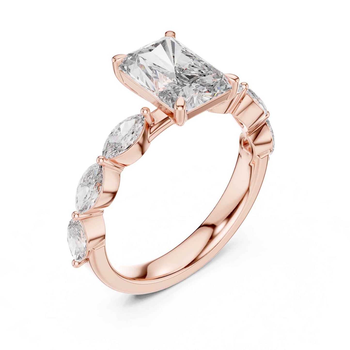 2 Carat Radiant Cut Lab Grown Diamond Engagement Ring with Marquise Side Stones