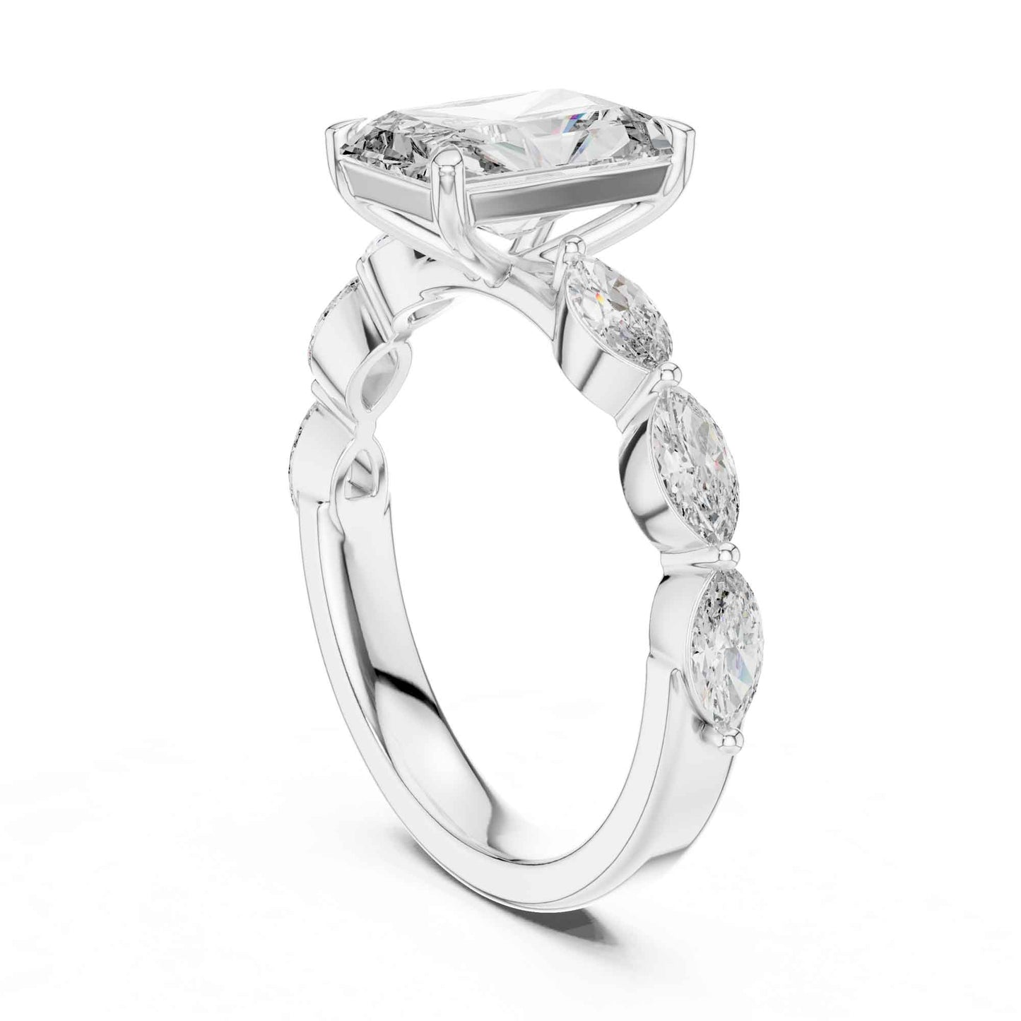 2 Carat Radiant Cut Lab Grown Diamond Engagement Ring with Marquise Side Stones