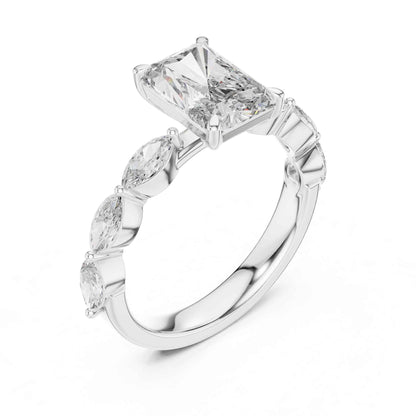 2 Carat Radiant Cut Lab Grown Diamond Engagement Ring with Marquise Side Stones