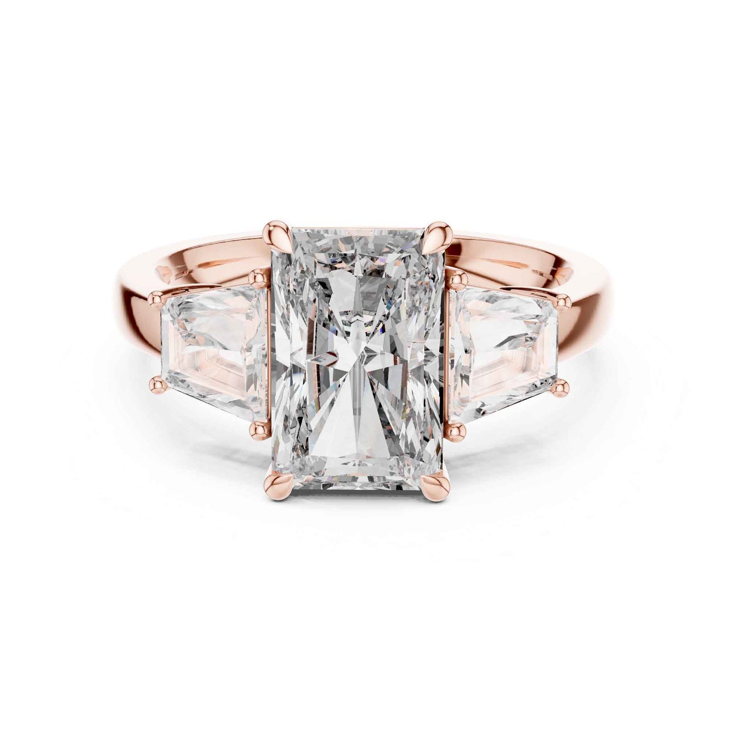 3 Carat Radiant Cut Lab Grown Diamond Three Stone Engagement Ring with Trapezoid Side Stones