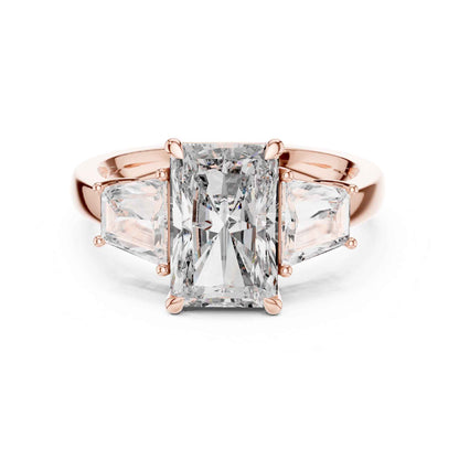 3 Carat Radiant Cut Lab Grown Diamond Three Stone Engagement Ring with Trapezoid Side Stones