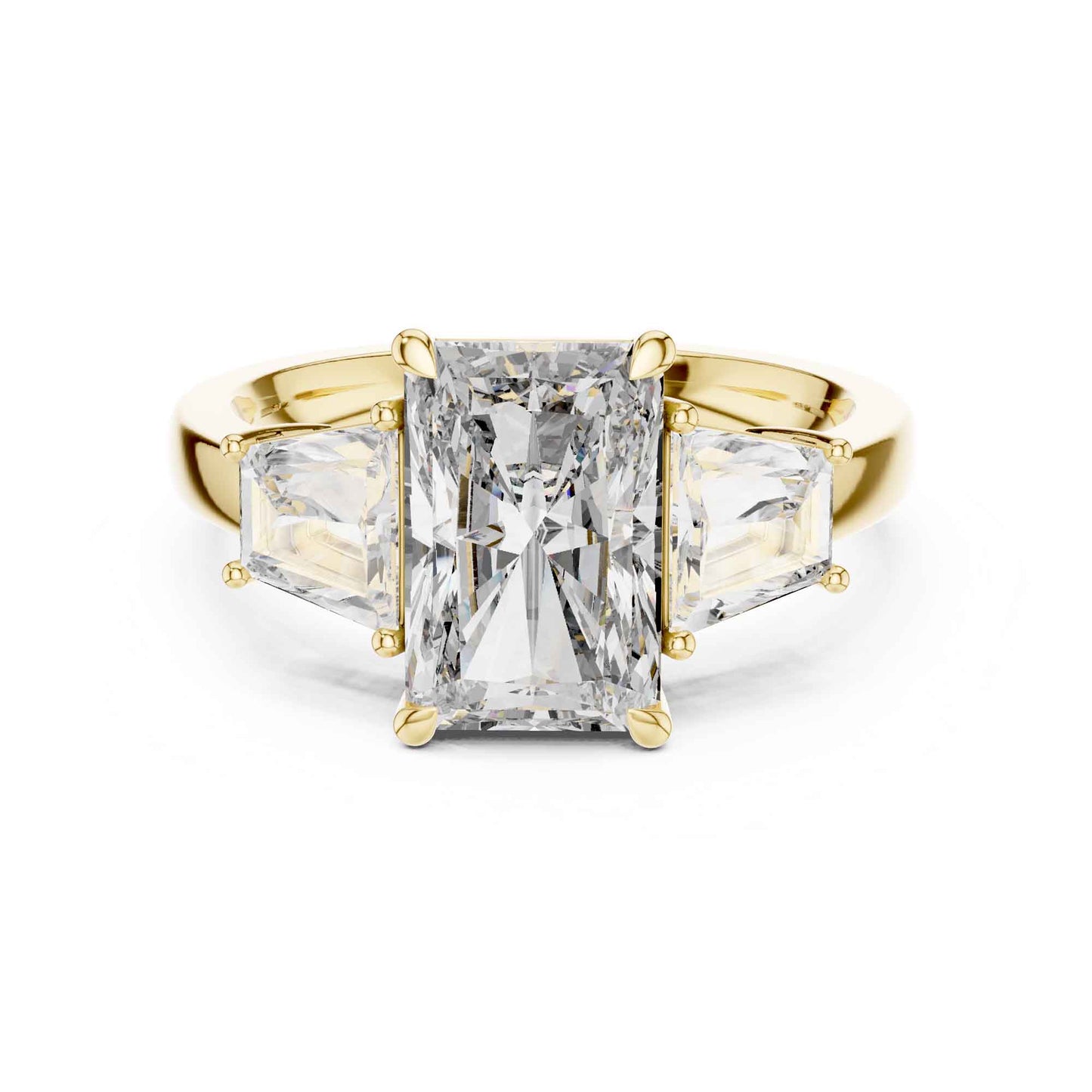 3 Carat Radiant Cut Lab Grown Diamond Three Stone Engagement Ring with Trapezoid Side Stones