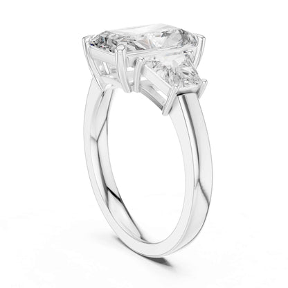 3 Carat Radiant Cut Lab Grown Diamond Three Stone Engagement Ring with Trapezoid Side Stones