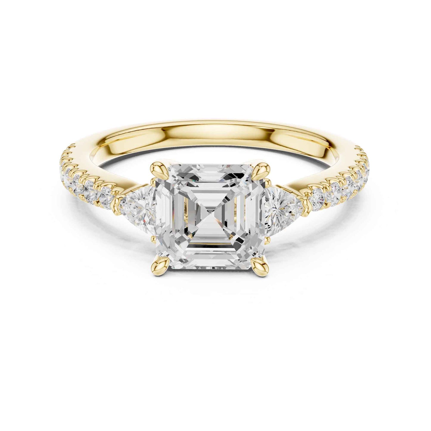 1.5 Carat Asscher Cut Lab Grown Diamond Three Stone Ring with Pavé Band