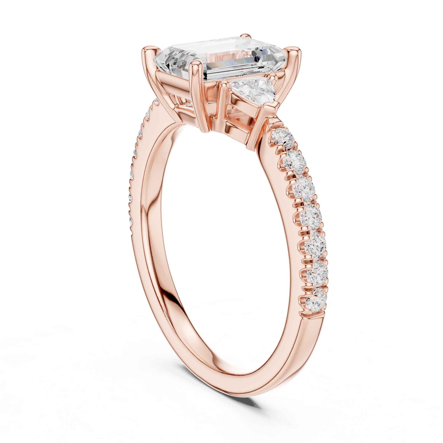 1.5 Carat Emerald Cut Lab Grown Diamond Three Stone Engagement Ring with Pavé Band