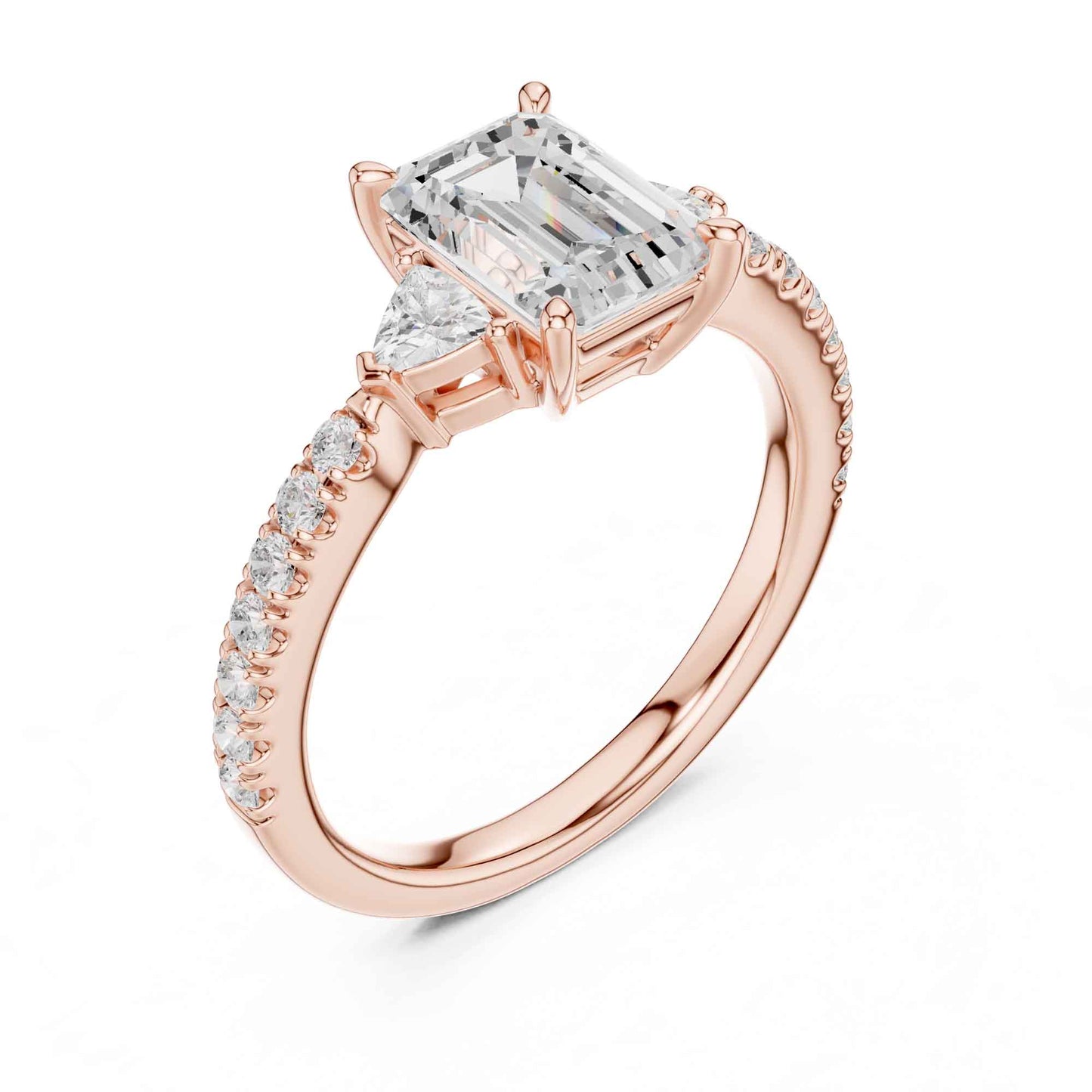 1.5 Carat Emerald Cut Lab Grown Diamond Three Stone Engagement Ring with Pavé Band