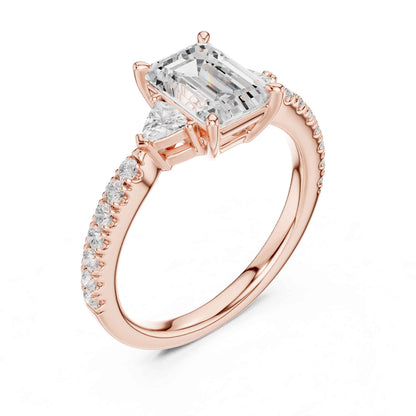 1.5 Carat Emerald Cut Lab Grown Diamond Three Stone Engagement Ring with Pavé Band