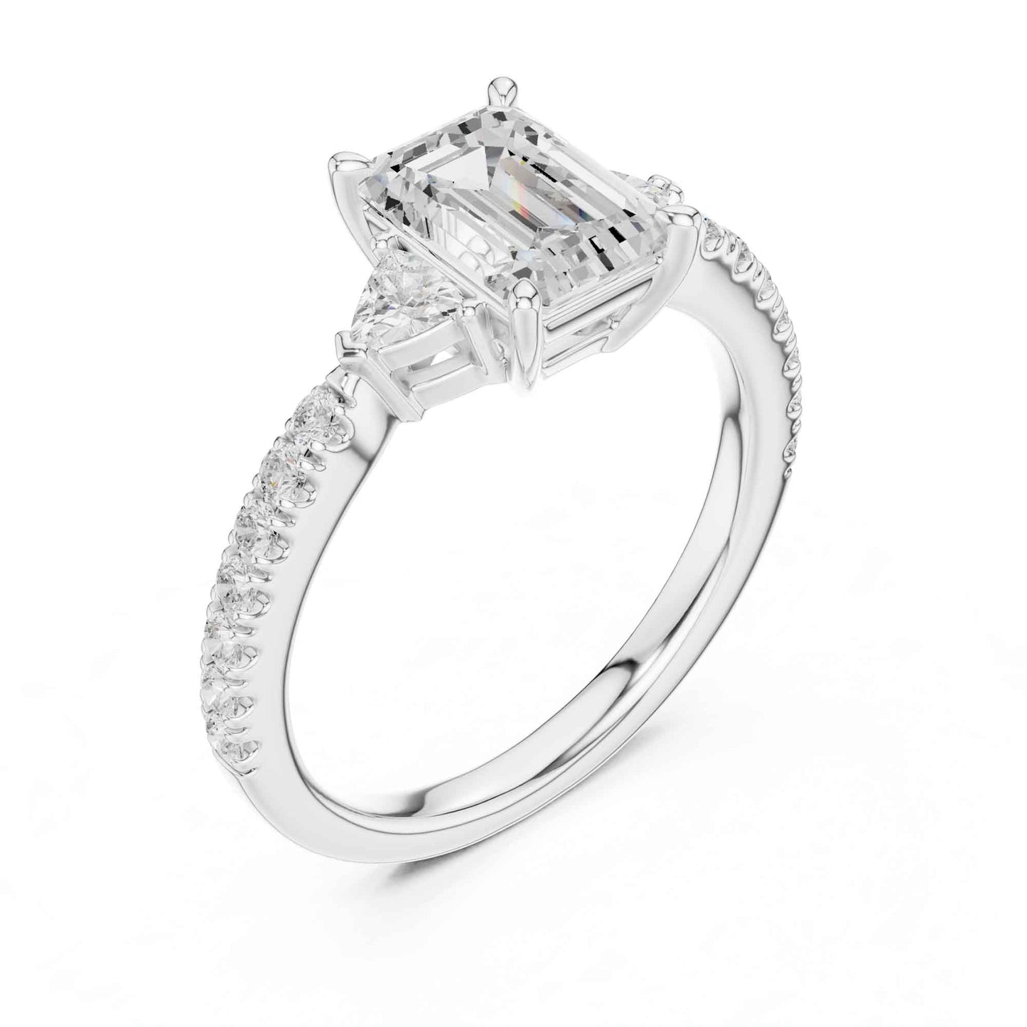 1.5 Carat Emerald Cut Lab Grown Diamond Three Stone Engagement Ring with Pavé Band