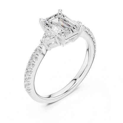 1.5 Carat Emerald Cut Lab Grown Diamond Three Stone Engagement Ring with Pavé Band