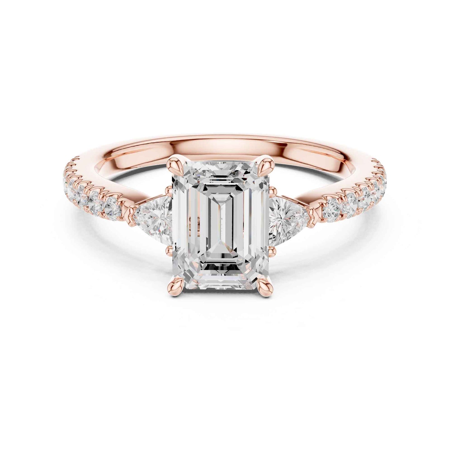 1.5 Carat Emerald Cut Lab Grown Diamond Three Stone Engagement Ring with Pavé Band