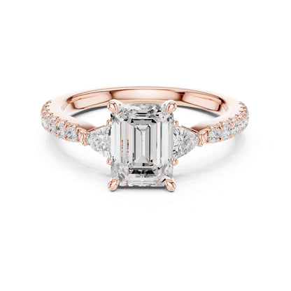 1.5 Carat Emerald Cut Lab Grown Diamond Three Stone Engagement Ring with Pavé Band