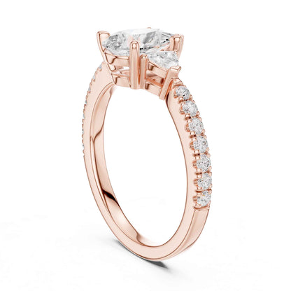 1.5 Carat Pear Shaped Lab Grown Diamond Three Stone Engagement Ring with Pavé Band
