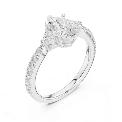 1.5 Carat Pear Shaped Lab Grown Diamond Three Stone Engagement Ring with Pavé Band