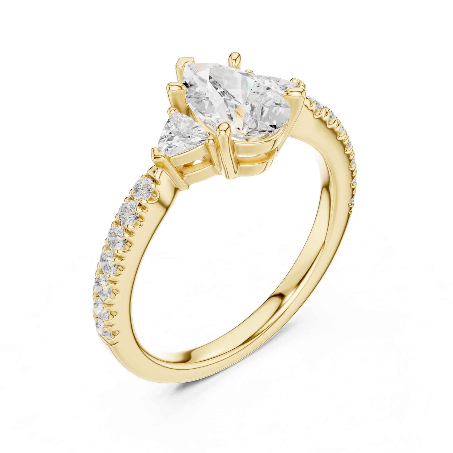 1.5 Carat Pear Shaped Lab Grown Diamond Three Stone Engagement Ring with Pavé Band