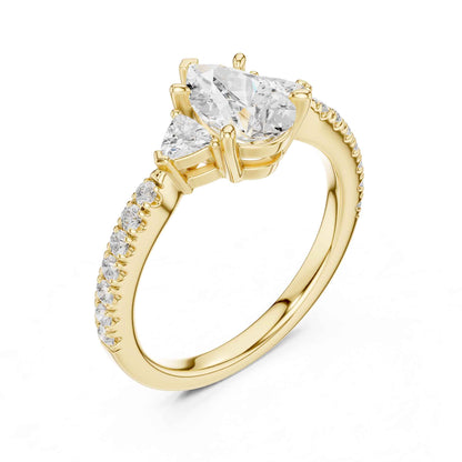 1.5 Carat Pear Shaped Lab Grown Diamond Three Stone Engagement Ring with Pavé Band