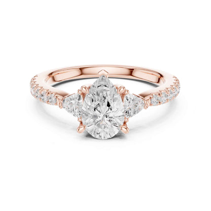 1.5 Carat Pear Shaped Lab Grown Diamond Three Stone Engagement Ring with Pavé Band