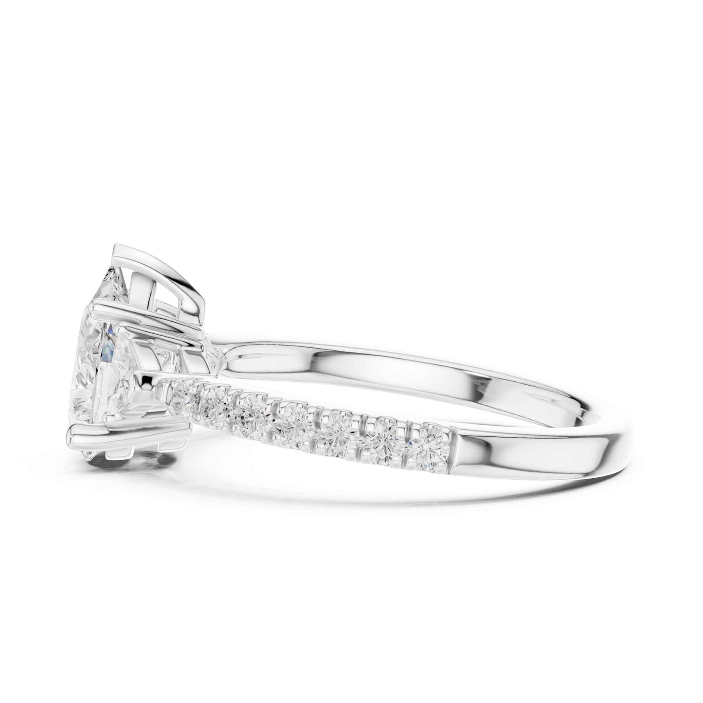 1.5 Carat Pear Shaped Lab Grown Diamond Three Stone Engagement Ring with Pavé Band
