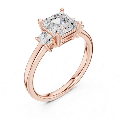 1.5 Carat Asscher Cut Lab Grown Diamond Three Stone Engagement Ring