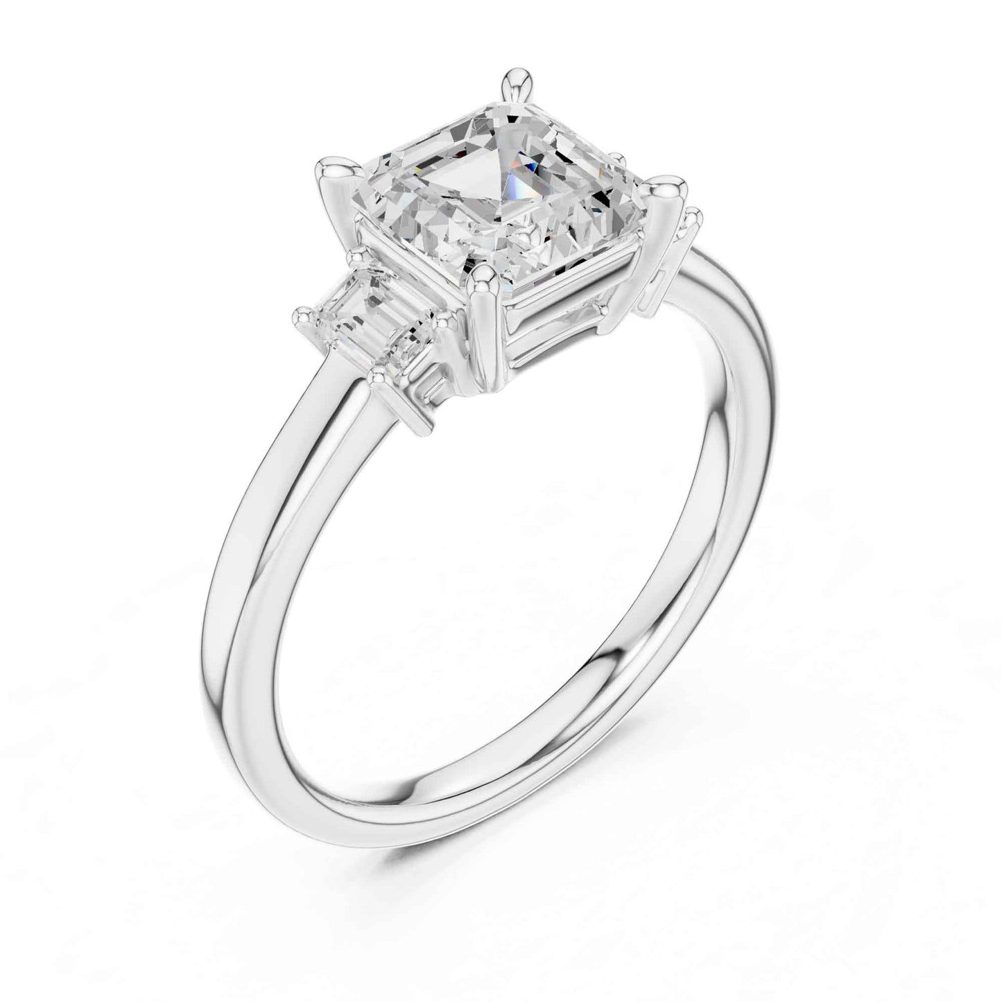 1.5 Carat Asscher Cut Lab Grown Diamond Three Stone Engagement Ring